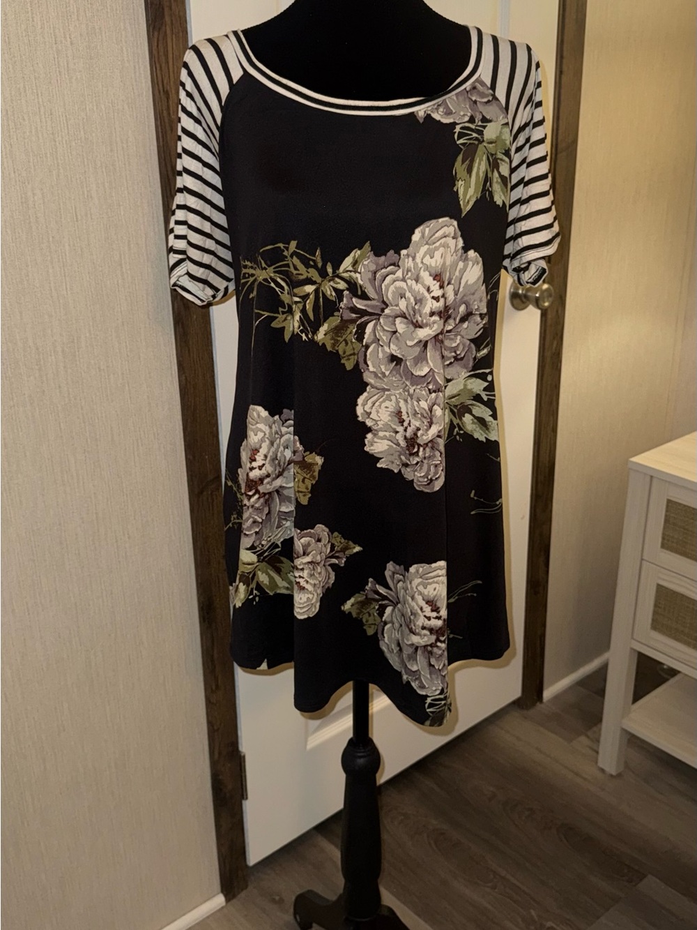 Black Floral Flowy Top with Striped Sleeves